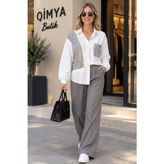 Qimya Butik Bebe Plus Kadın Triko Cepli ve Detaylı Arkası Uzun Pamuk Gömlek - Gri