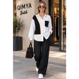 Qimya Butik Bebe Plus Kadın Triko Cepli ve Detaylı Arkası Uzun Pamuk Gömlek - Siyah