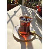 Qualitev 12 Parça Yaldızlı Cam Çay Takımı Porselen Çay Seti Çay Bardağı - Pera 6 Kişilik - Şeffaf - Beyaz - 0 - 499 ml