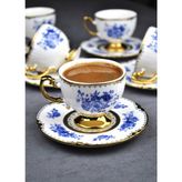 Qualitev 6 Lı Porselen Altın Yaldızlı Kahve Fincanı Mavi Çiçek Ayaklı Lüks Fincan 90 ml - 6 Adet