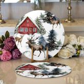 Real Homes 2'li Kar Zeminli Geyik & Çam Ağacı Tasarımlı Dijital Baskılı Dekoratif Yuvarlak Servis Altlığı – Supla - 34 x 34 cm - Renkli
