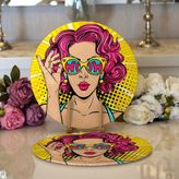 RealHomes 34x34 cm Renkli 2'li Sarı Zeminli Pop Art Girl Desenli Modern Yuvarlak Servis Altlığı Supla
