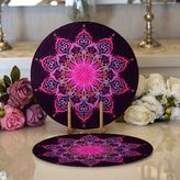 RealHomes 34x34 cm Renkli 2'li Siyah Zeminde Pembe Neon Mandala Desenli Modern Yuvarlak Servis Altlığı Supla