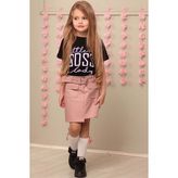 Riccotarz Kız Çocuk Little Boss Yazı Baskılı T-Shirt Cep Detaylı Kemerli Pudra Deri Etekli Takım - 4 - 5 Yaş