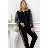 RICH GLAM Kareli Crystal Taşlı Siyah Büyük Beden Kadın Iki Iplik Pamuk Eşofman Takımı