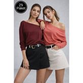 Rich Kadın 2'li Paket Pembe - Bordo Düşük Omuz Modal Bluz