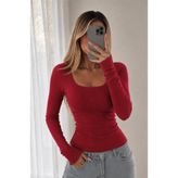 RİEMA Kare Yaka Basic Fitilli Kumaş Likralı Kadın Uzun Kollu Basic Bluz