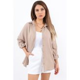 Ritnice Kadın Keten Comfy Uzun Bej Gömlek