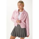 Ritnice Kadın Lean Yumuşak Doku Polo Yaka Pembe Basic Triko Hırka HI00179