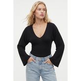 Ritnice Kadın Vivian Bele Oturan V Yaka Uzun Kollu Basic Siyah Örme Bluz