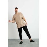 RIVER Erkek Oversize Fit Bol Kesim Nakış İşlemeli Basic Örme Bej T-Shirt