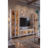 Robin Home Prime Temperli Cam Kapaklı Neon LED Işıklı Tv Ünitesi Tv Sehpası & LED Işıklı Büfe Vitrin Kitaplık Takımı Ahşap Ayaklı Sepet-Beyaz