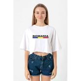 Romania Flag Lettern Beyaz Kadın Crop Tshirt