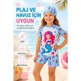 rony pony kids Kız Çocuk 3’lü Plaj Takımı Deniz Kızı Desenli Mayo Seti Bone Şortlu