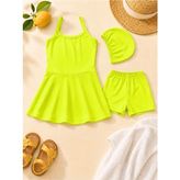 Rony Pony Kids Kız Çocuk Askılı Etekli Mayo, Şort ve Bone 3 Parça Yüzme Takımı - Neon Sarı - 9 - 10 Yaş