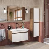 Roomart '' Lavabolu '' Mat Mdf 80 cm Banyo Alt Dolabı + Aynalı Üst Dolabı + Banyo Boy Dolabı , Banyo Dolabı Seti - Atlantik Çam - Beyaz