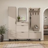Roomart Nord Vestiyer Takımı Kapaklı Askılıklı Ayakkabılık Dolabı, Modüler, Aynalı Portmanto Takımı - Kum Taşı