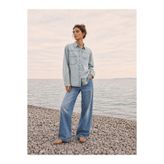 Safari Kadın Oversize Kot Gömlek Çift Cepli Denim Gömlek Uzun Kollu