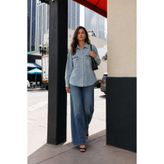 Safari Kadın Oversize Kot Gömlek Çift Cepli Kapaklı Denim Gömlek Uzun Kollu