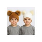 ŞAPKAKİDS TABA VE KREM ÇİFT PONPONLU BERE SET