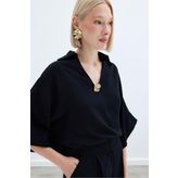 Sateen Aksesuarlı Salaş Bluz - Siyah