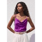 Sateen Askılı Degaje Yaka Bluz - Mor