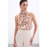 Sateen Boğazlı Kolsuz Bluz - Bej-Camel