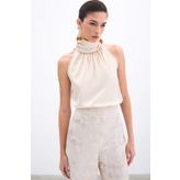 Sateen Boğazlı Kolsuz Bluz - Bej