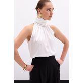 Sateen Boğazlı Kolsuz Bluz - Ekru