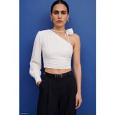Sateen Çiçek Detaylı Bluz - Ekru