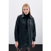Sateen Çıtçıtlı Deri Gömlek - Siyah