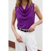 Sateen Degaje Yaka Kolsuz Bluz - Mor - 38