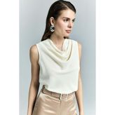 Sateen Degaje Yaka Kolsuz Bluz - Sarı