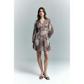 Sateen Desenli Mini Elbise - Kahve