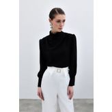 Sateen Drape Detaylı Bluz - Siyah
