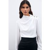 Sateen Düğmeleri Taş Detaylı Bluz - Ekru