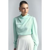 Sateen Düğmeleri Taş Detaylı Bluz - Mint