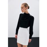 Sateen Düğmeleri Taş Detaylı Bluz - Siyah