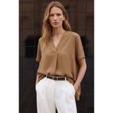 Sateen Geniş Kısa Kollu Bluz - Camel