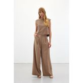 Sateen Geniş Paça Pantolon - Vizon
