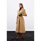 Sateen Geniş Yaka Uzun Kaban - Camel - 38