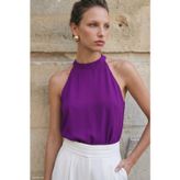 Sateen Halter Yaka Bluz - Mor