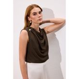 Sateen İnci Broşlu Degaje Bluz - Kahve