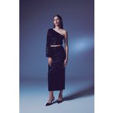 Sateen Kadife Payetli Midi Etek -Siyah