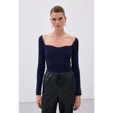 Sateen Kalp Yaka Triko Bluz - Lacivert