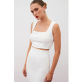 Sateen Kare Yaka Crop Bluz - Ekru
