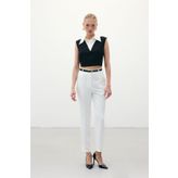 Sateen Kemerli Pantolon - Ekru