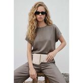 Sateen Kısa Kollu Bluz - Vizon