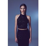 Sateen Kolsuz Payetli Bluz - SİYAH
