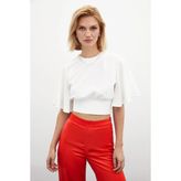 Sateen Kolyeli Kısa Kol Bluz - Ekru - 42